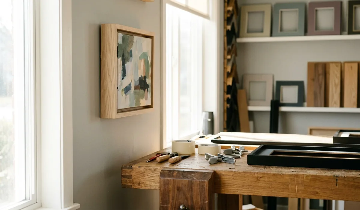 A canvas sitting proud inside a pale wood float frame with an even shadow gap.