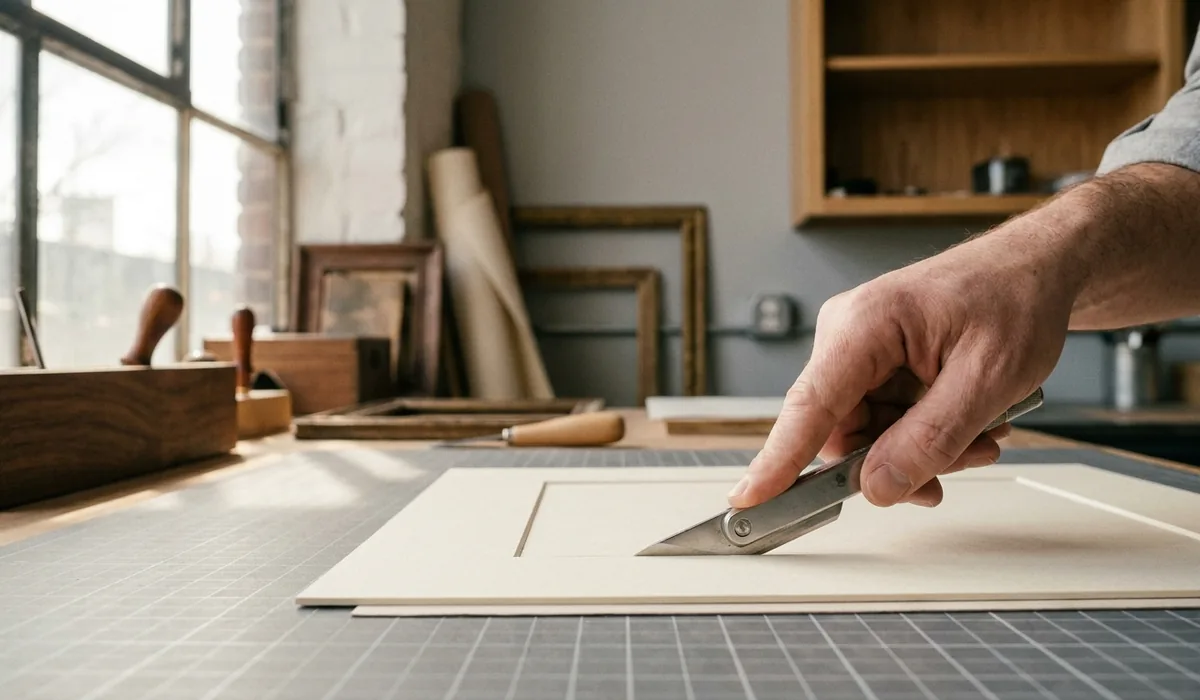 A bevel being cut through cream mat board on the cutting bench.